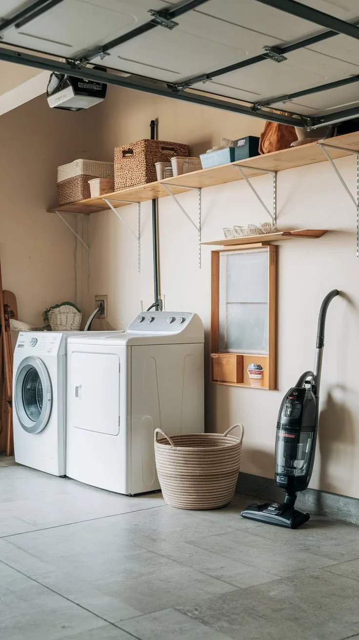 Efficient tiled garage laundry space features stacked washer and dryer, overhead storage, and convenient cleaning supplies.