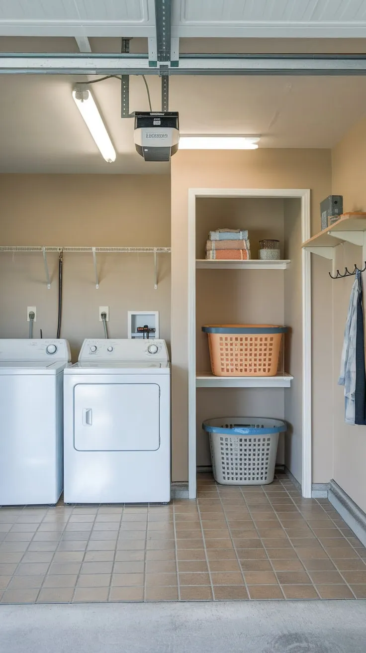 A beige-walled garage laundry nook offers washer, dryer, shelving, and storage for streamlined laundry chores.