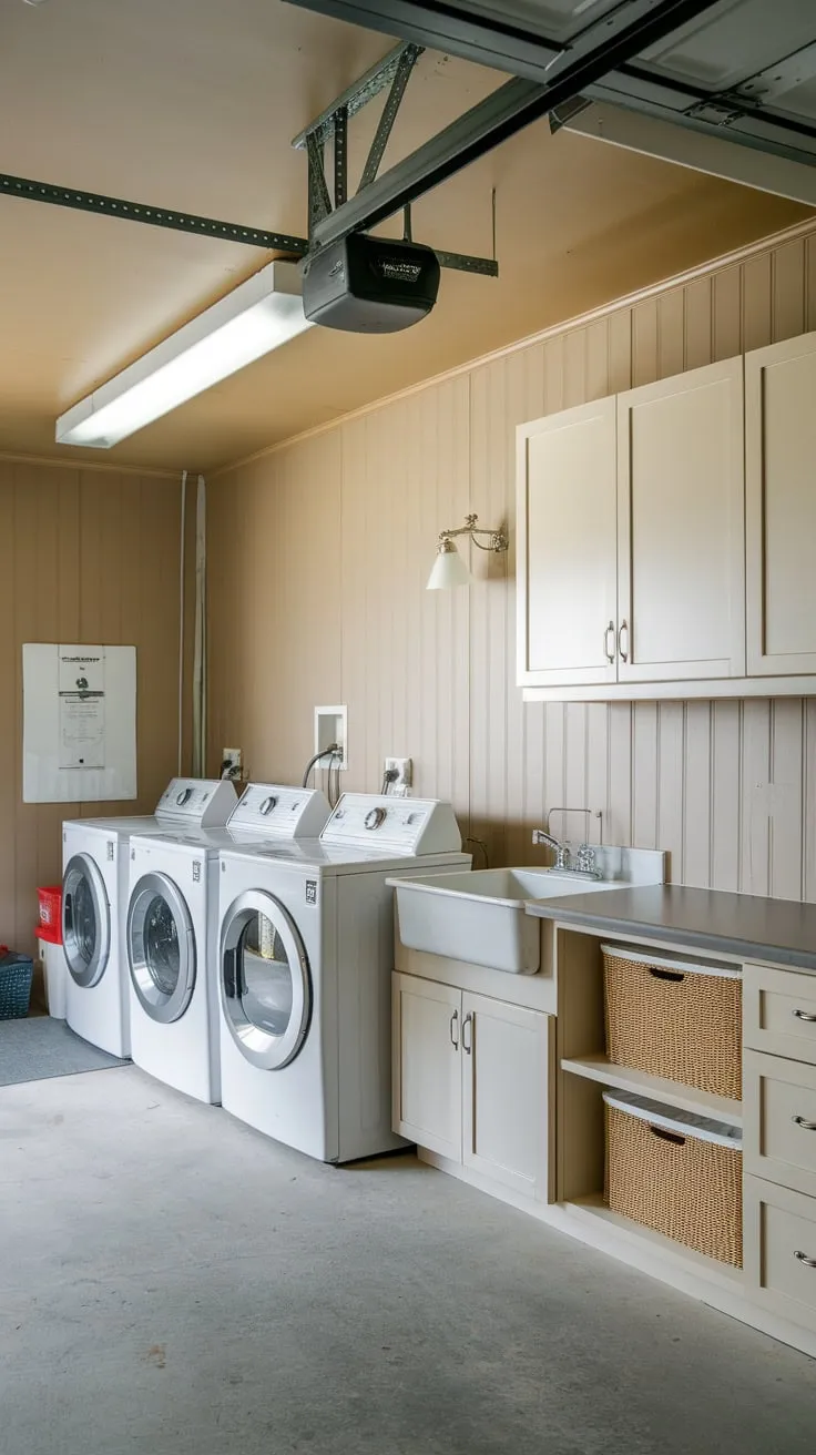 Efficient garage laundry setup features multiple machines, a sink, and storage, perfect for large households or businesses.