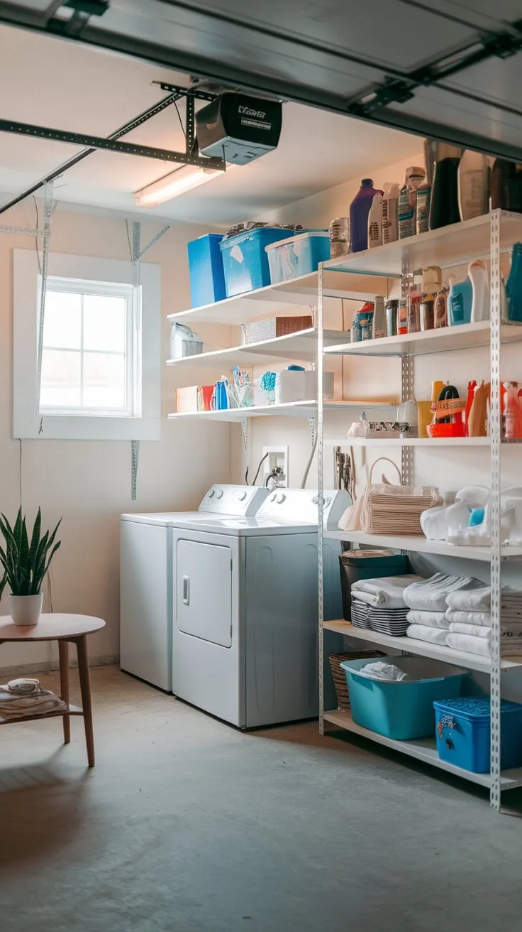 A functional garage laundry room boasts washer, dryer, ample storage, and a touch of greenery.