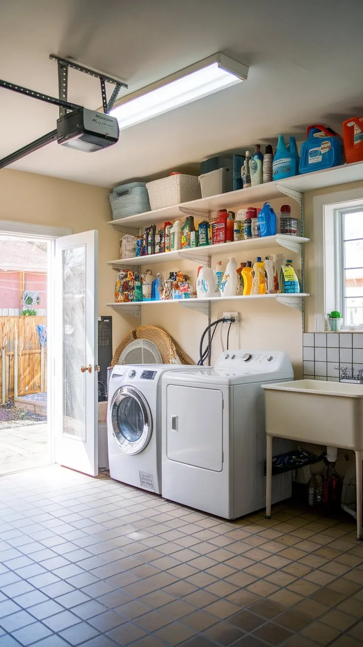 A transformed garage now houses a bright and efficient laundry room featuring a washer, dryer, cleaning supplies, a sink, and exterior access.
