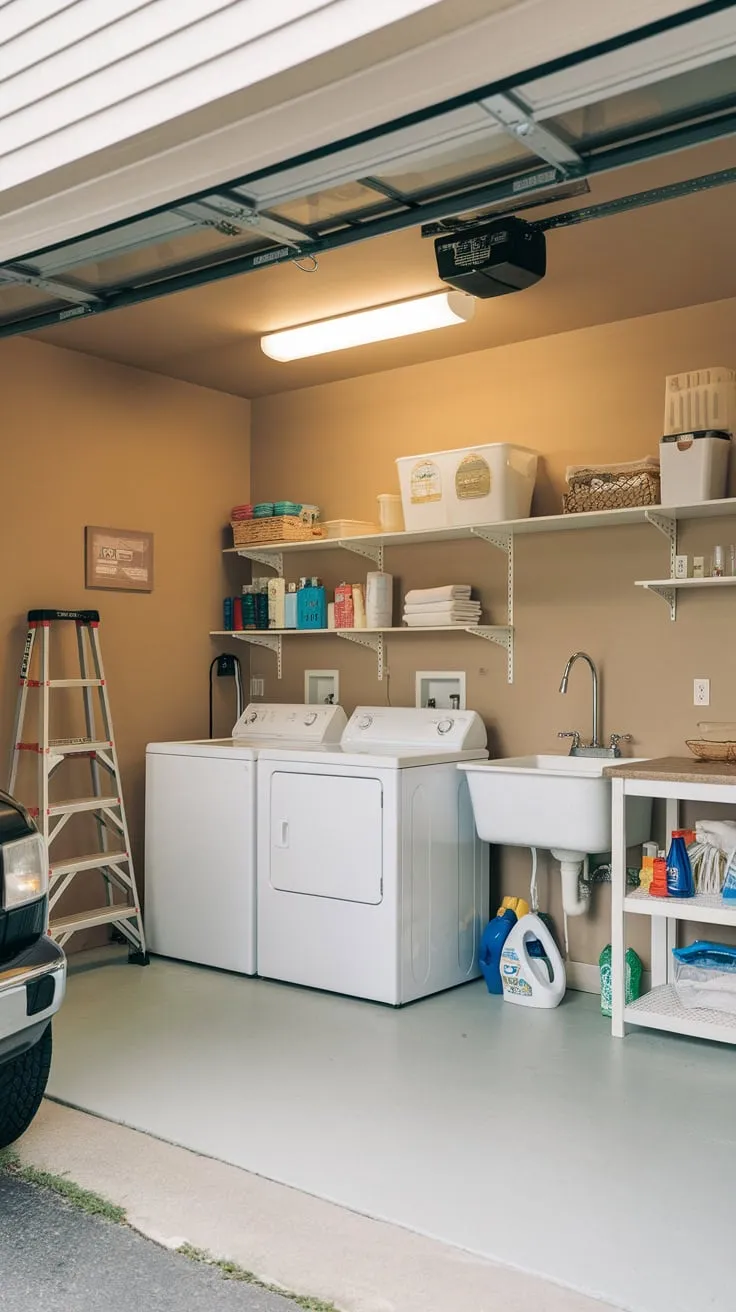 A beige-walled garage laundry room, complete with washer, dryer, and ample storage, offers convenient functionality despite a slightly cluttered appearance.