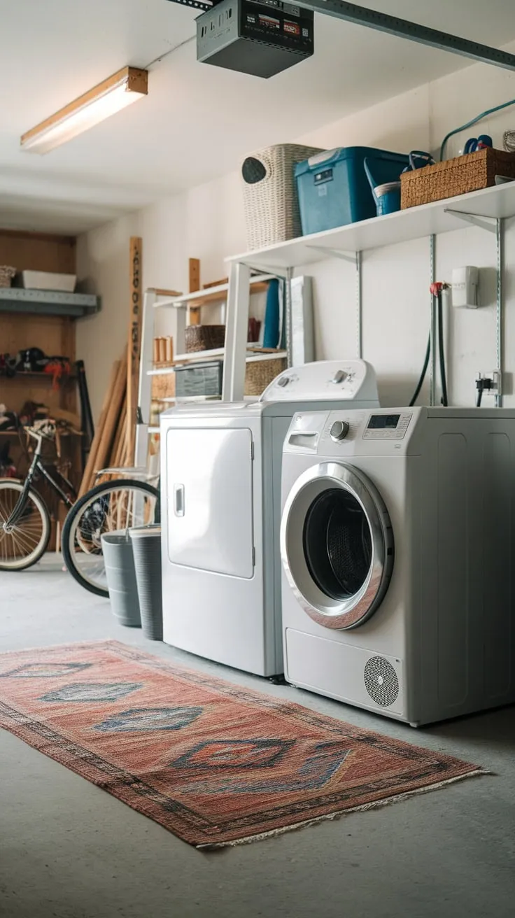 A cozy garage laundry room, complete with washer, dryer, and shelf, blends practicality with the unexpected charm of a bicycle and tools nearby
