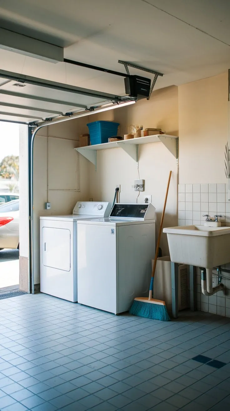 Practical and tidy, a garage laundry area features white appliances, a small utility sink, and cleaning supplies, ready for any chore.