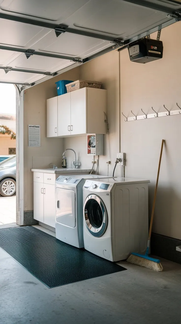 Convenient garage laundry setup combines functionality with car access, offering efficient cleaning in a dedicated space.