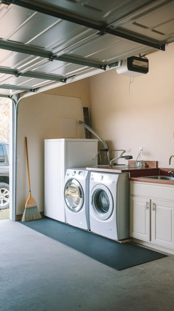 A functional garage laundry area boasts washer, dryer, sink, and ample space, even with a car parked nearby