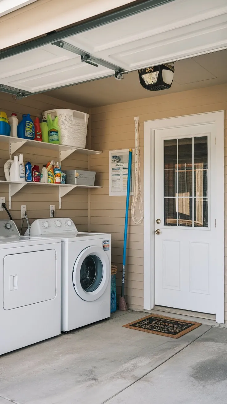 Concrete floors and a white door complete this efficient, functional space.