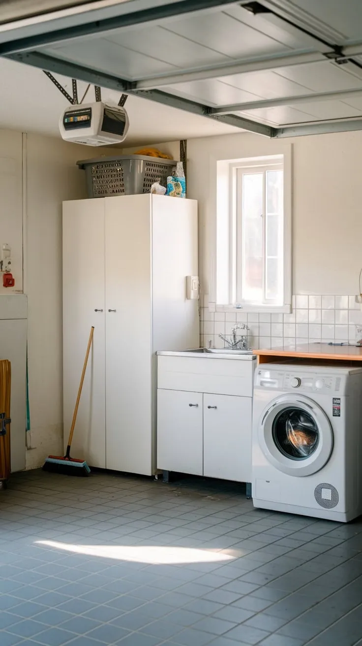 Brightly lit and efficiently organized, a garage laundry room boasts a white cabinet, sink, washer, and tiled floor.