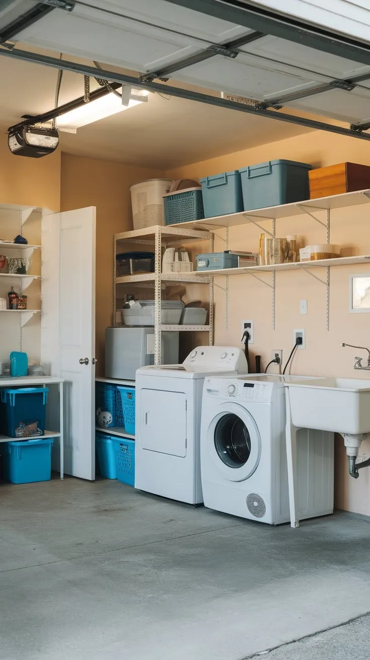 A functional garage laundry room boasts washer, dryer, sink, and ample storage, maximizing space and convenience