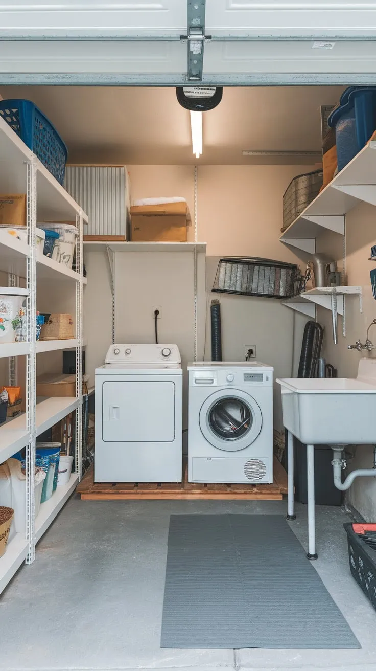 A functional garage laundry room boasts washer, dryer, ample shelving, a utility sink, and grey flooring for efficient laundry and storage.