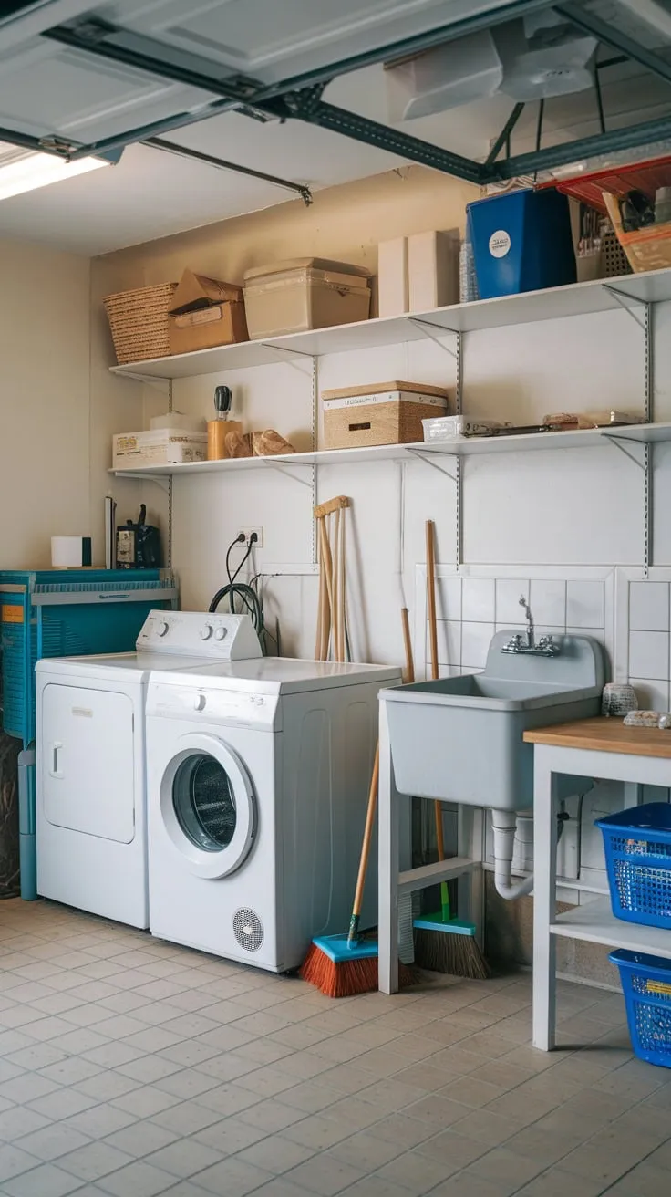 Convenient garage laundry features washer, dryer, and ample storage, streamlining chores.