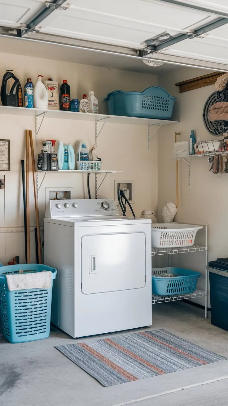 Efficient laundry awaits in a well-organized garage space complete with washer, dryer, storage, and a welcoming rug.