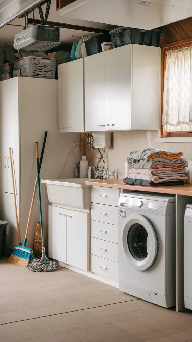 A bright garage laundry room boasts white cabinets, a convenient sink, and neatly folded laundry, all set against a backdrop of beige tile and a sunny window.
