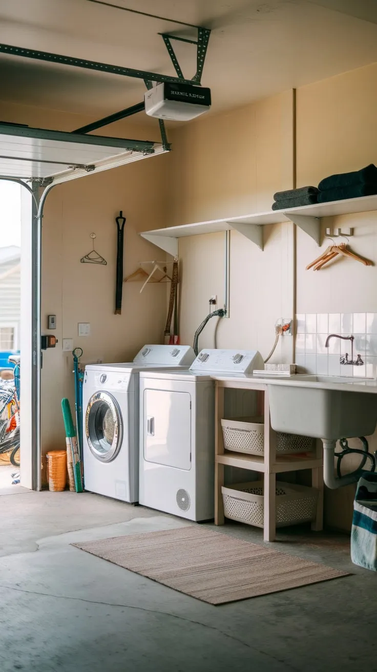 A functional garage laundry room boasts washer, dryer, sink, and storage, blending practicality with the garage's inherent utility