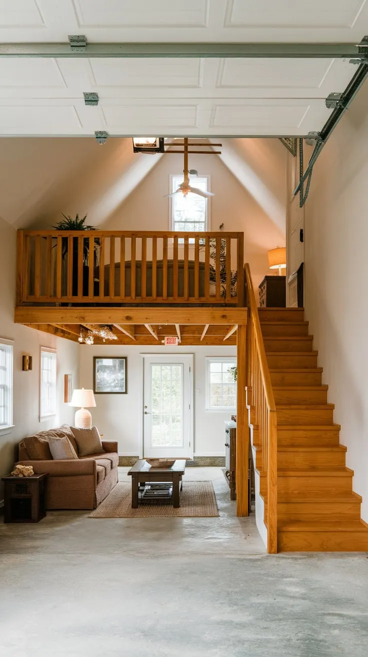 A bright white garage boasts a rustic loft accessed by a wooden staircase, offering a cozy retreat with sloped ceilings and comfortable furnishings.