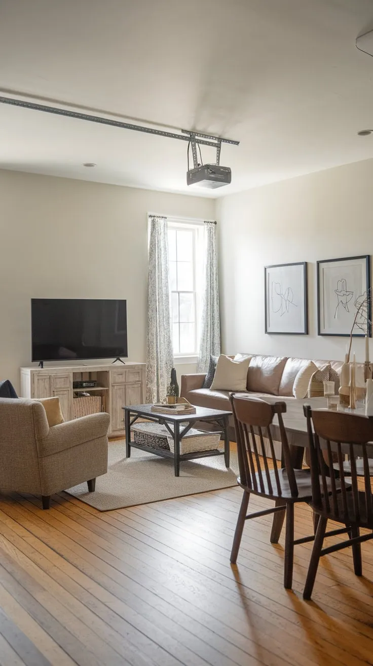A cozy garage loft recreation room boasts a comfy sofa, dining area, and TV, perfect for relaxation and entertainment
