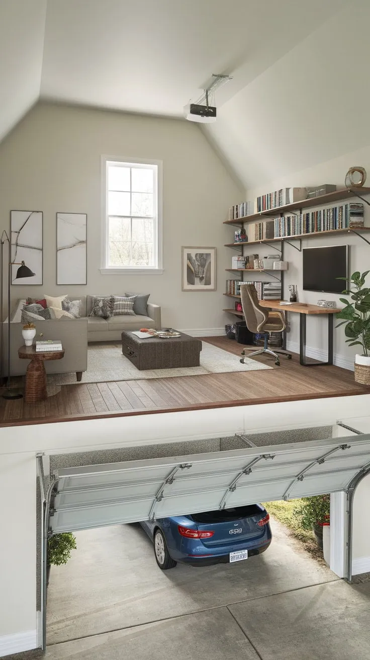 Transform your garage into a functional and stylish loft space with a dedicated recreation area.