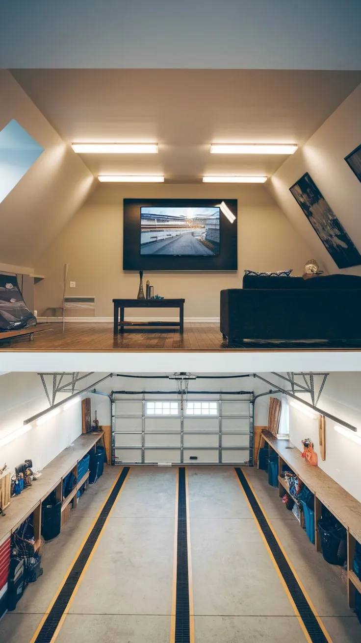 Transform your garage into a multi-functional space with a stylish loft recreation area featuring a large screen TV and comfortable furniture above a practical workshop.
