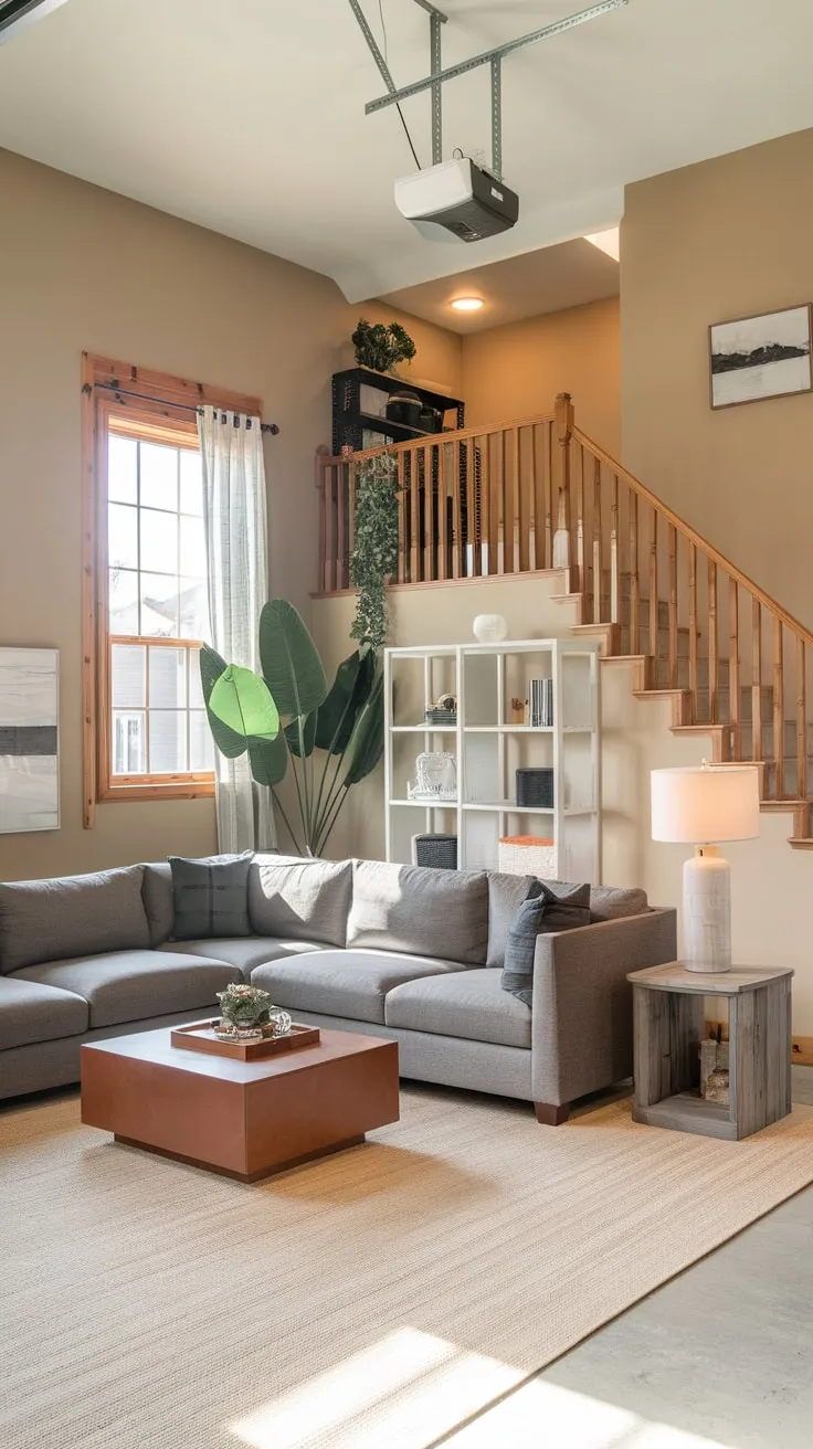 A cozy beige-walled garage loft boasts a recreation room complete with comfortable seating and a wooden staircase leading upstairs
