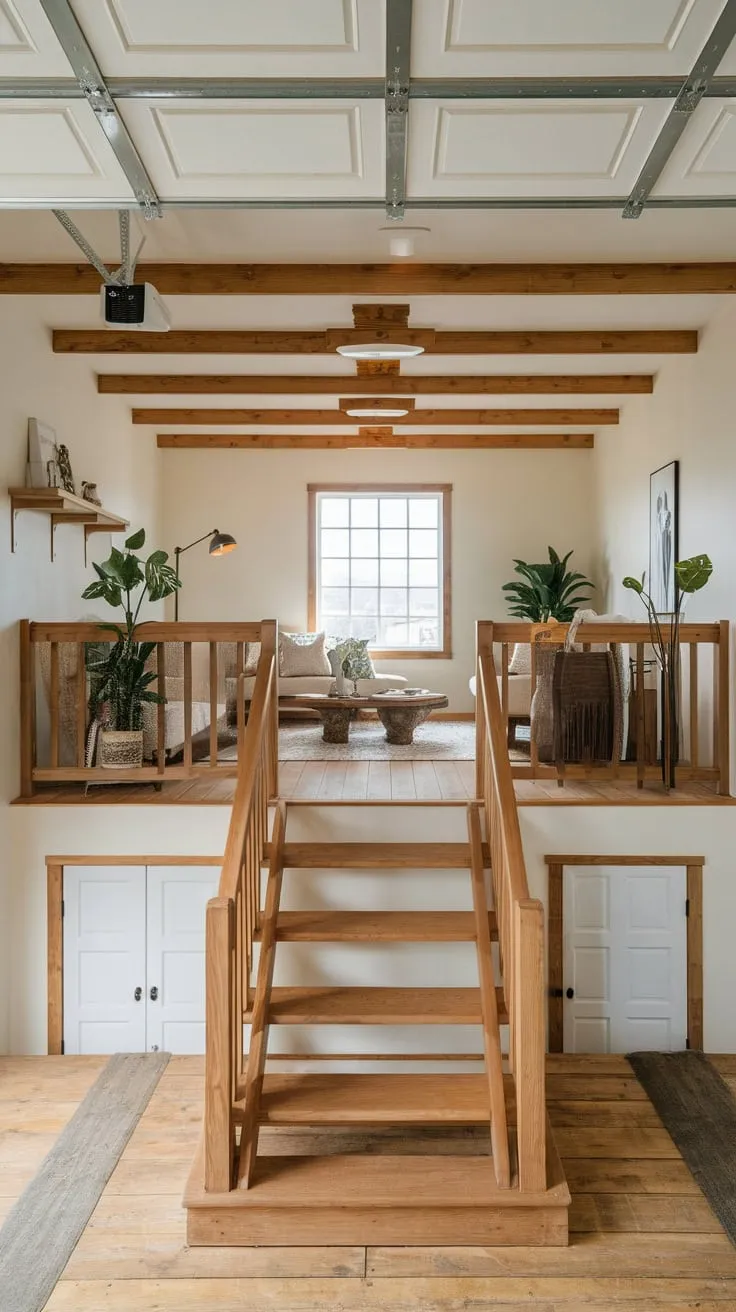 A transformed garage loft boasts a wooden interior, inviting sitting area, and abundant natural light creating a peaceful rustic retreat.