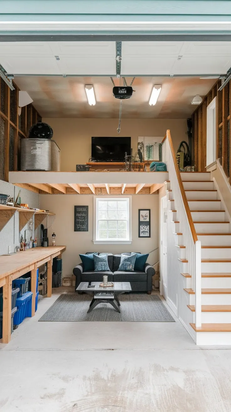 Transform your detached garage into a versatile space with a functional workshop below and a cozy loft recreation area above.