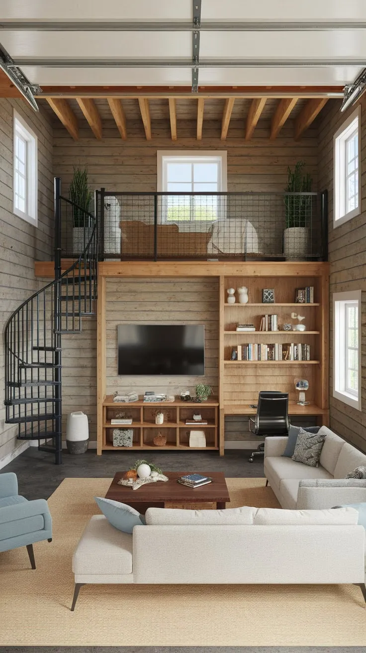 Escape to a cozy modern rustic garage loft featuring a recreation room complete with a spiral staircase and wood-paneled interior.