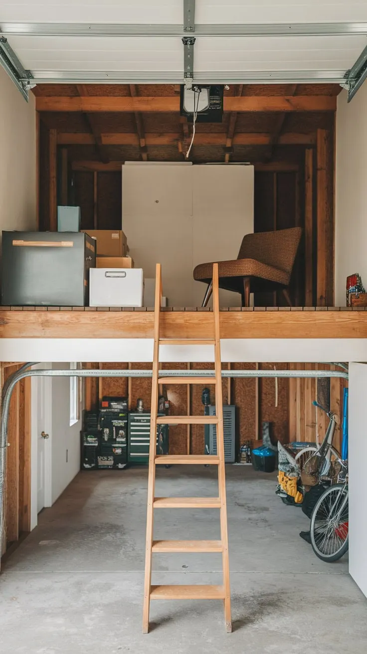 Rustic charm fills a ladder-accessed garage loft with exposed wood and simple furnishings.