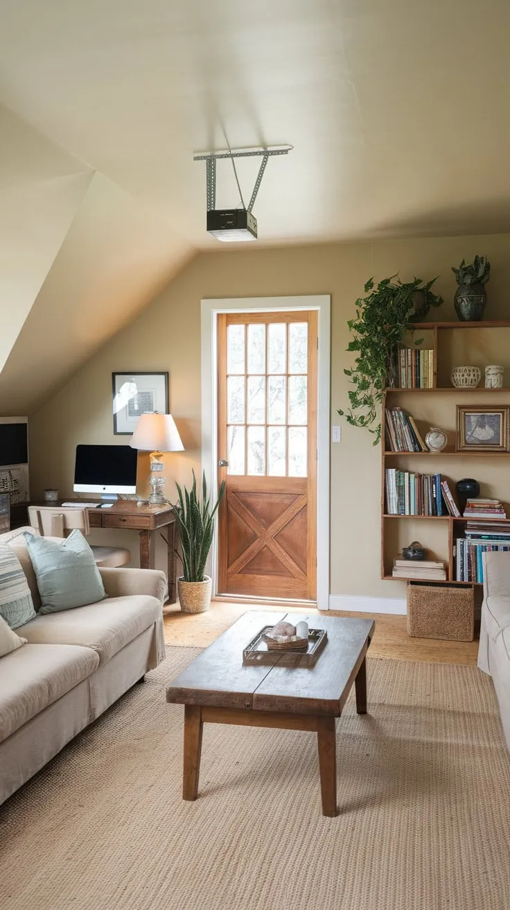 A cozy beige garage loft boasts a comfortable living space complete with a sloping ceiling and wooden accents