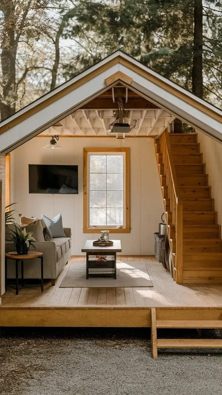 A rustic garage loft retreat boasts a cozy sofa, wooden floors, and natural light streaming through a window, all nestled amidst surrounding trees