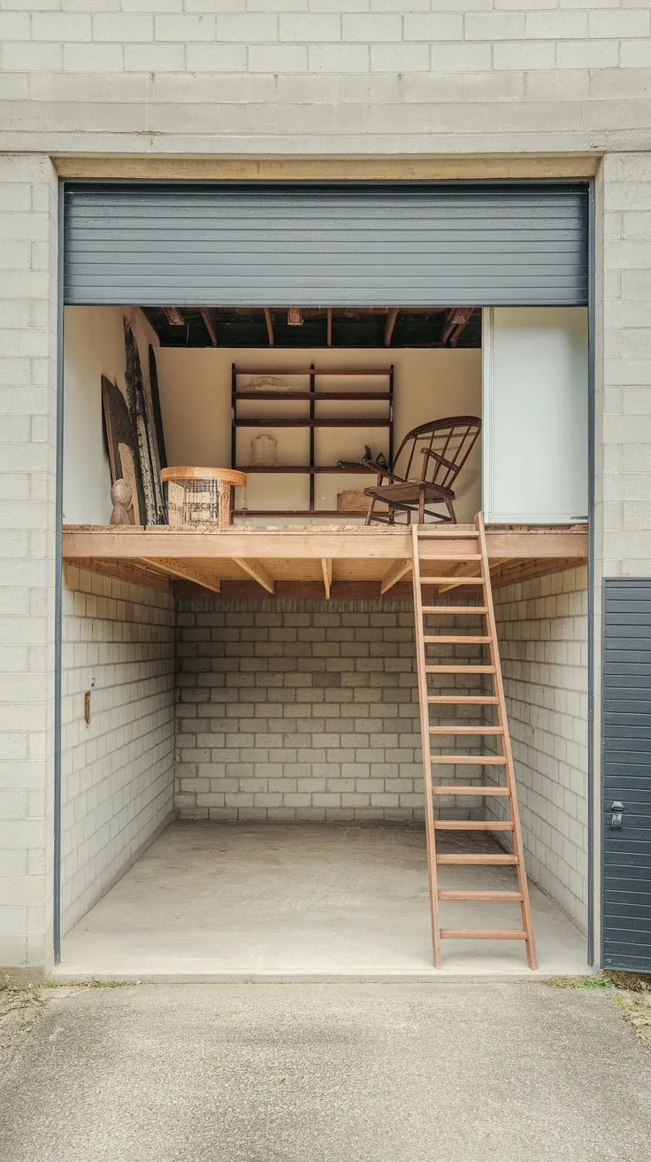 A rustic loft accessed by a ladder overlooks an empty concrete-floored garage, offering charming storage in a detached structure.