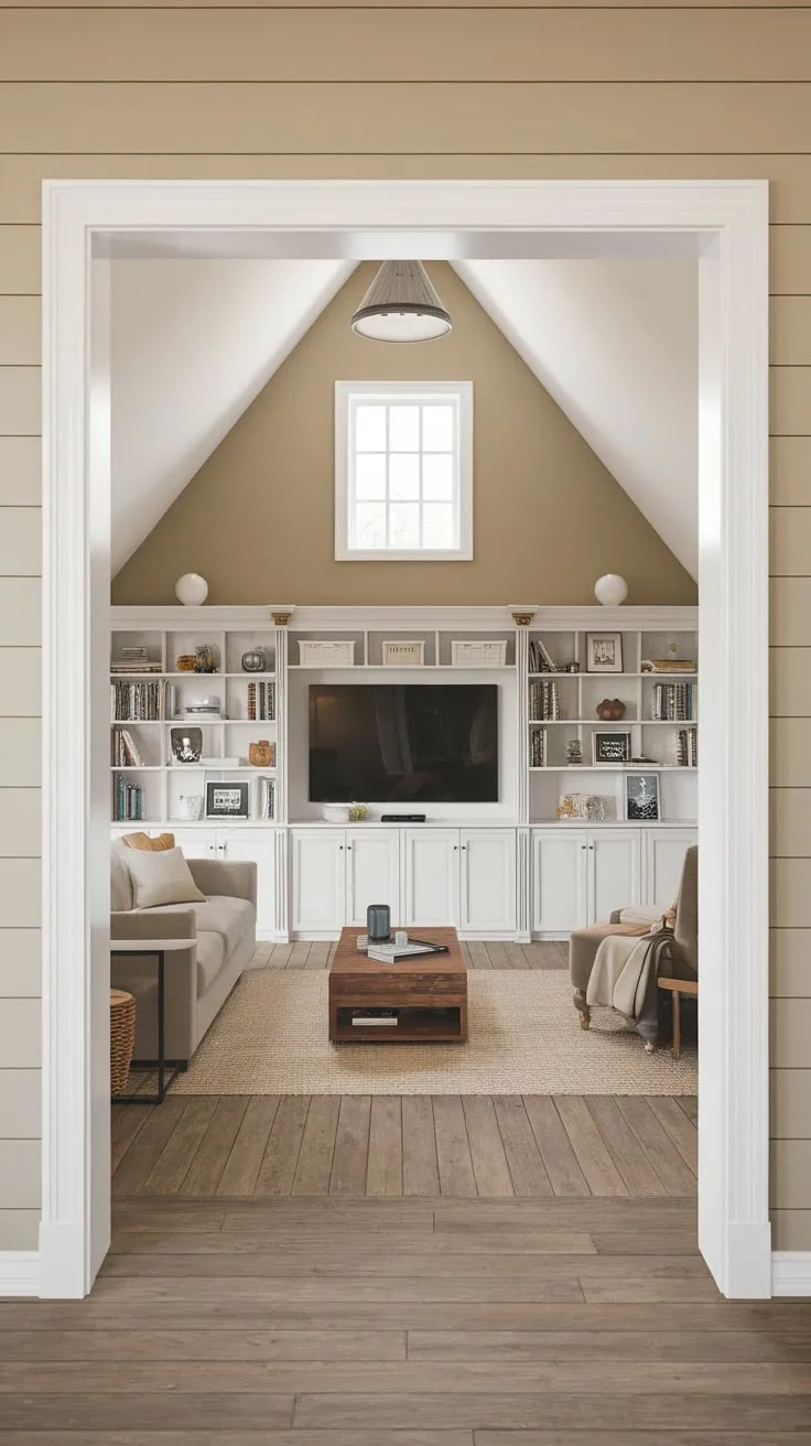 A charming detached garage loft boasts a relaxing recreation room complete with a TV, bookshelf, and wood floors perfect for unwinding.