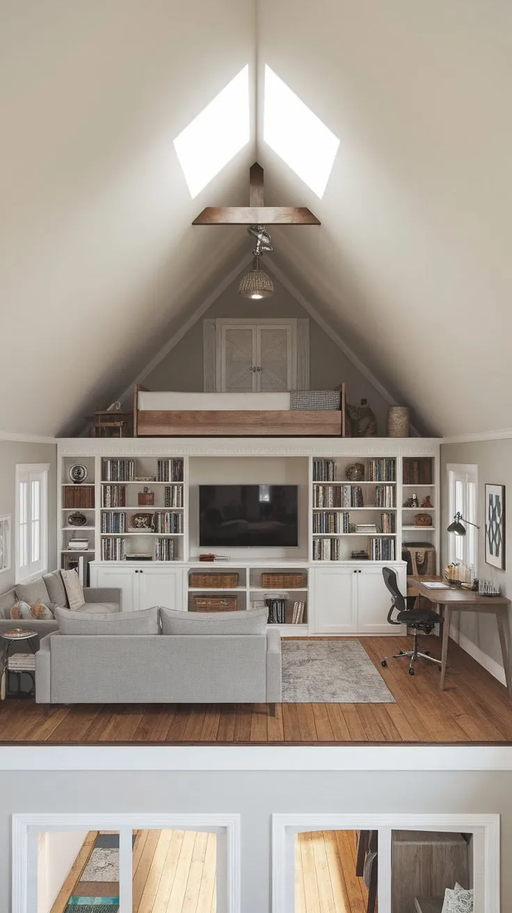 A rustic-chic garage loft boasts a recreation room with comfy seating, a loft bed, and natural light streaming through a skylight.