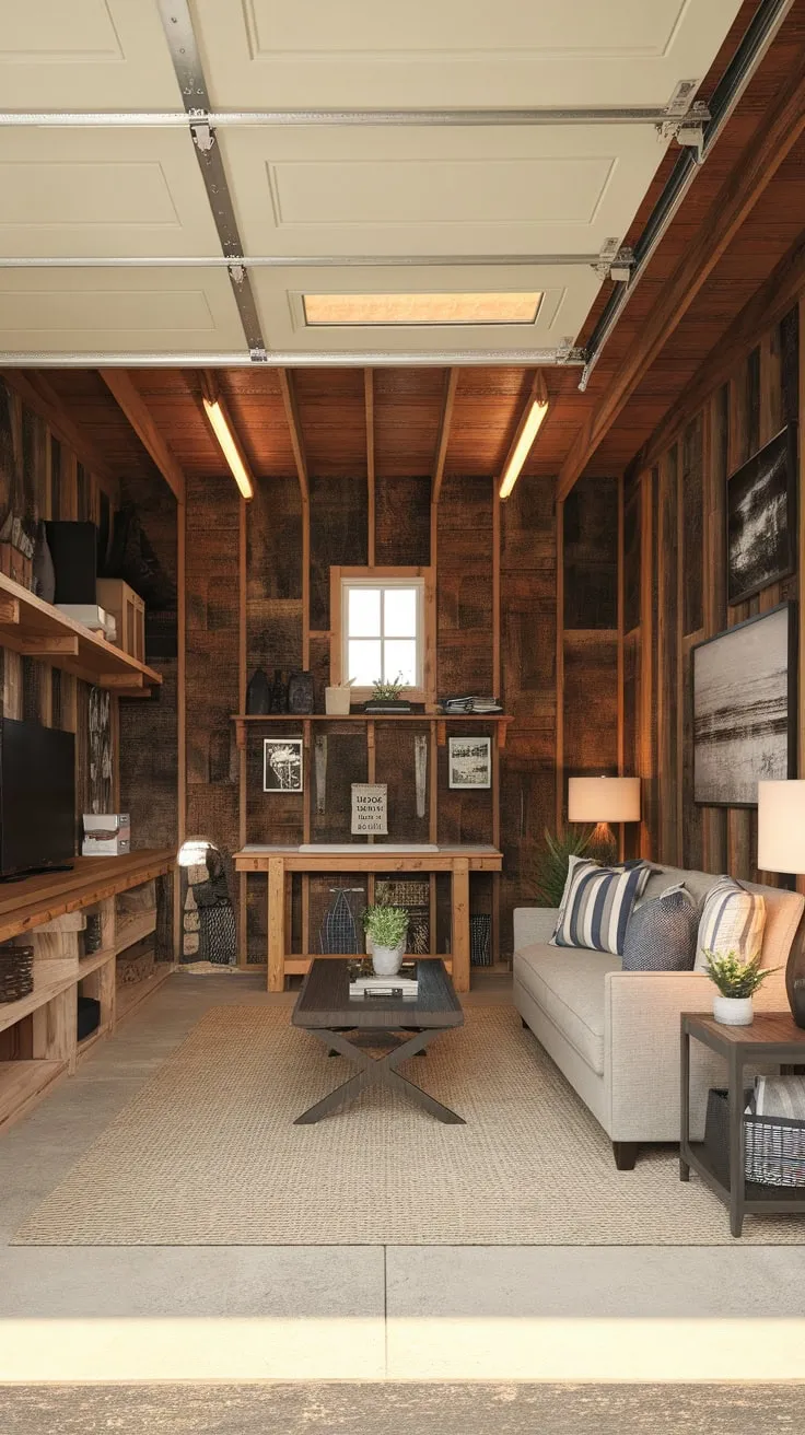 A wood-clad garage loft offers a blend of rustic recreation space and functional workshop, complete with comfortable seating and ample storage.