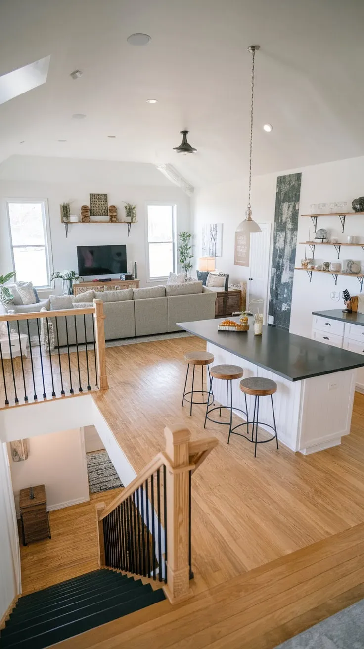 A spacious garage loft boasts a comfortable living room, stylish kitchen, and wooden railing separating the areas, accessed by a convenient stairway.