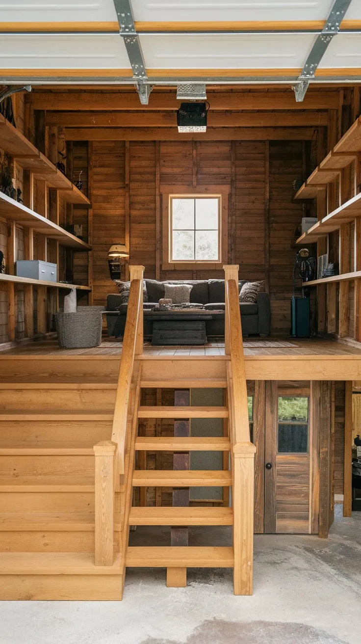 Rustic charm fills a wooden garage loft featuring a cozy seating area and wooden staircase.
