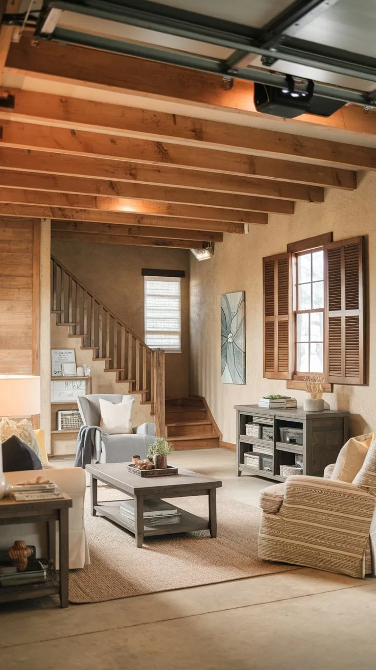 A warm and inviting garage loft recreation room boasts rustic wooden beams, textured walls, and comfortable furnishings perfect for relaxation.