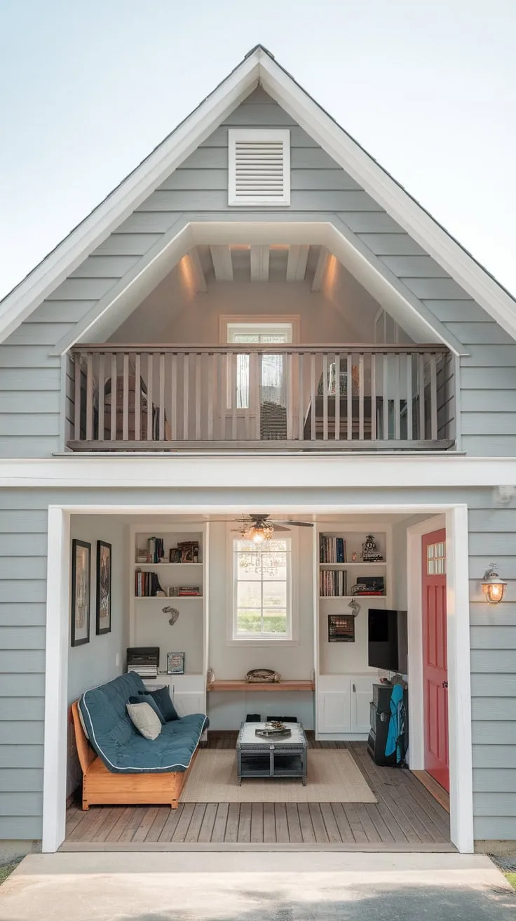 Escape to a cozy loft retreat above a stylish grey garage, perfect for relaxation and entertainment.