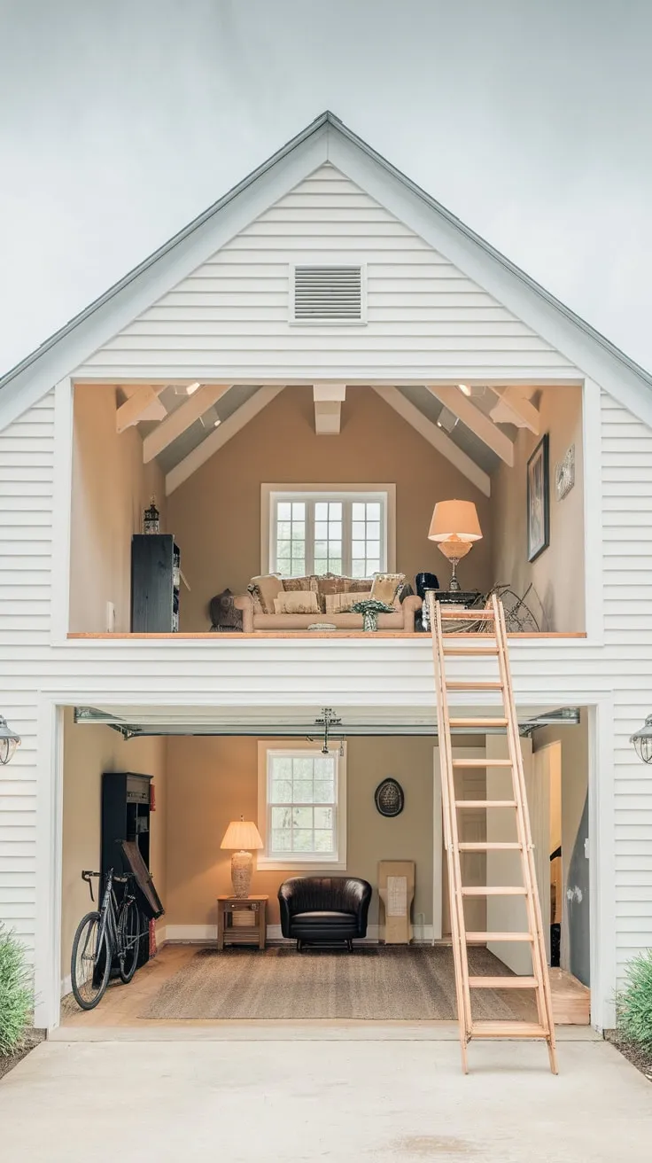 A converted garage loft offers a unique recreational space with high ceilings, natural light, and rustic wooden details.