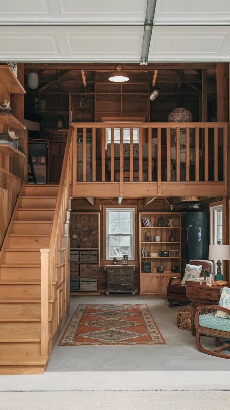 Rustic charm fills a wooden garage loft, complete with furniture, stairs, and a cozy windowed space
