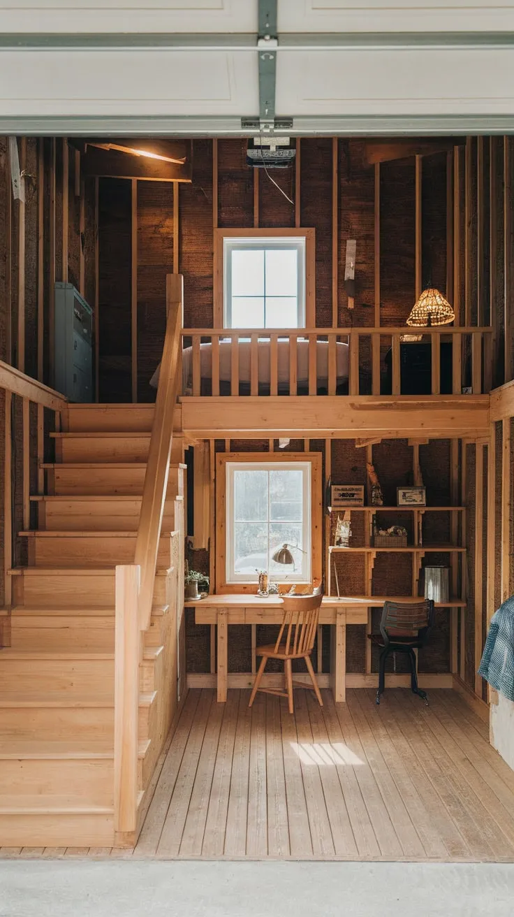 Rustic charm meets modern function in a wood-clad garage loft featuring a wooden staircase, comfortable furnishings, and natural light.