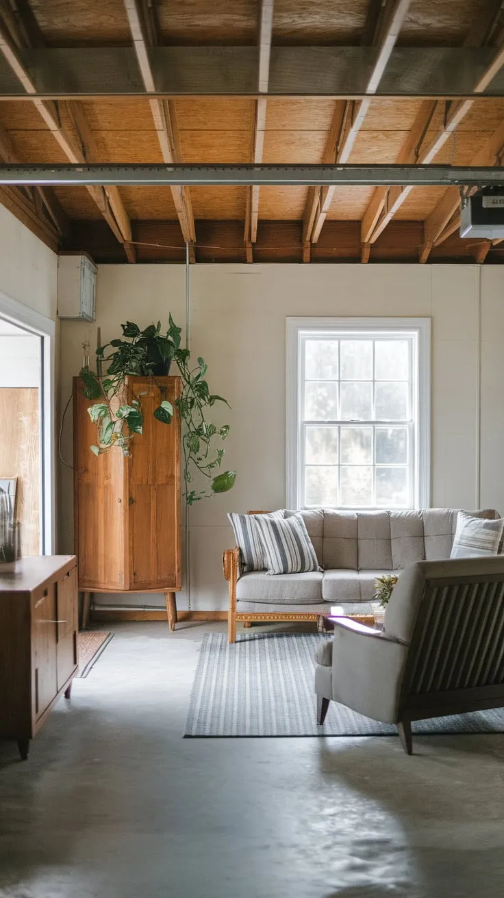 A cozy garage loft living space features a concrete floor, wooden ceiling, and comfortable seating area bathed in natural light from a nearby window