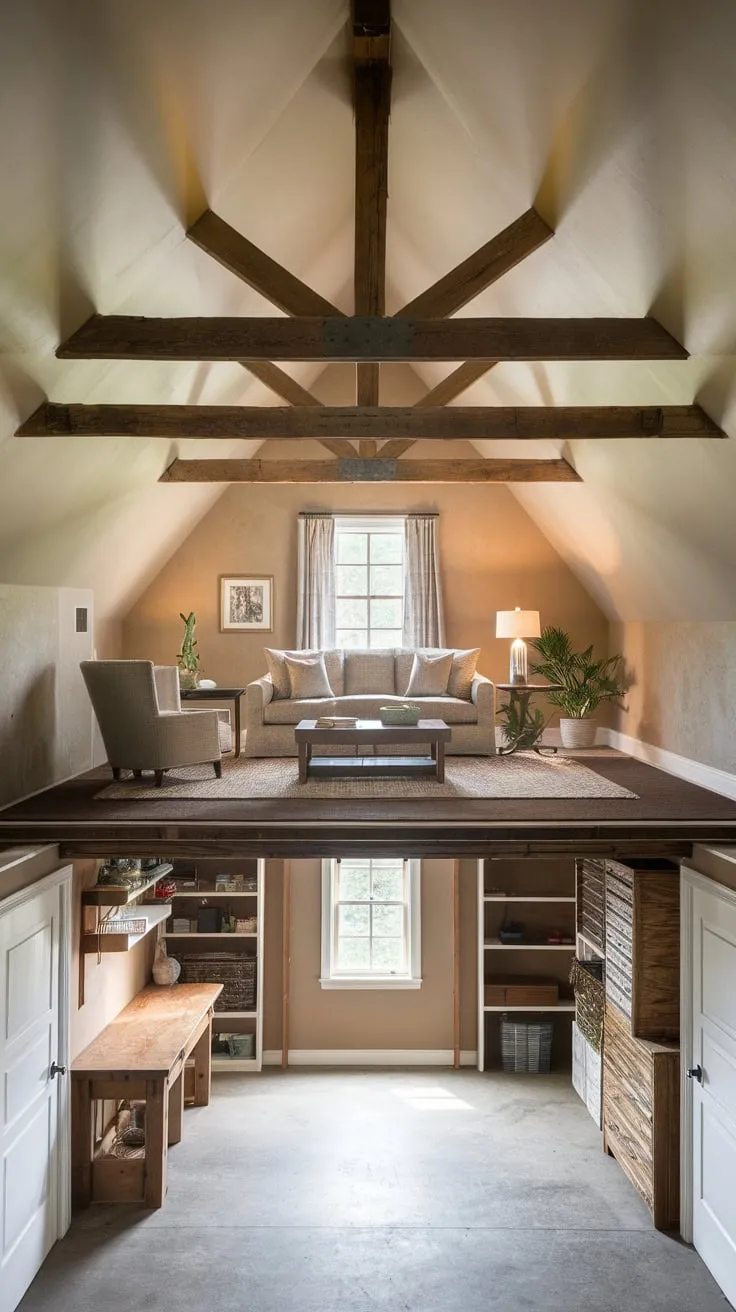 A charming garage loft offers a relaxing retreat with exposed wooden beams and a functional workspace below.