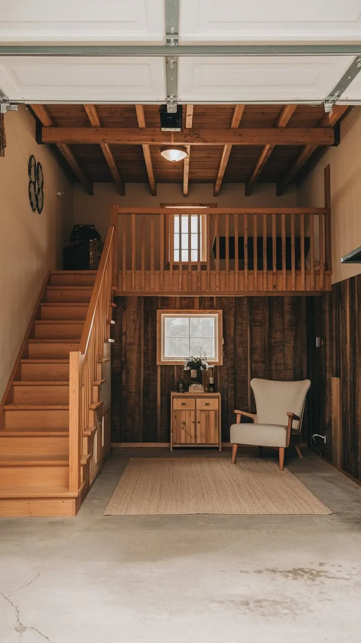 A wooden staircase ascends to a charming garage loft bathed in warm light, featuring rustic wooden details and a cozy atmosphere.