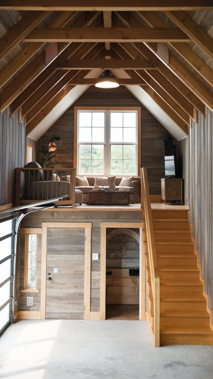 Sunlight streams into a charming garage loft recreation area featuring wooden paneling, exposed beams, and a comfortable seating arrangement accessed via a wooden staircase.