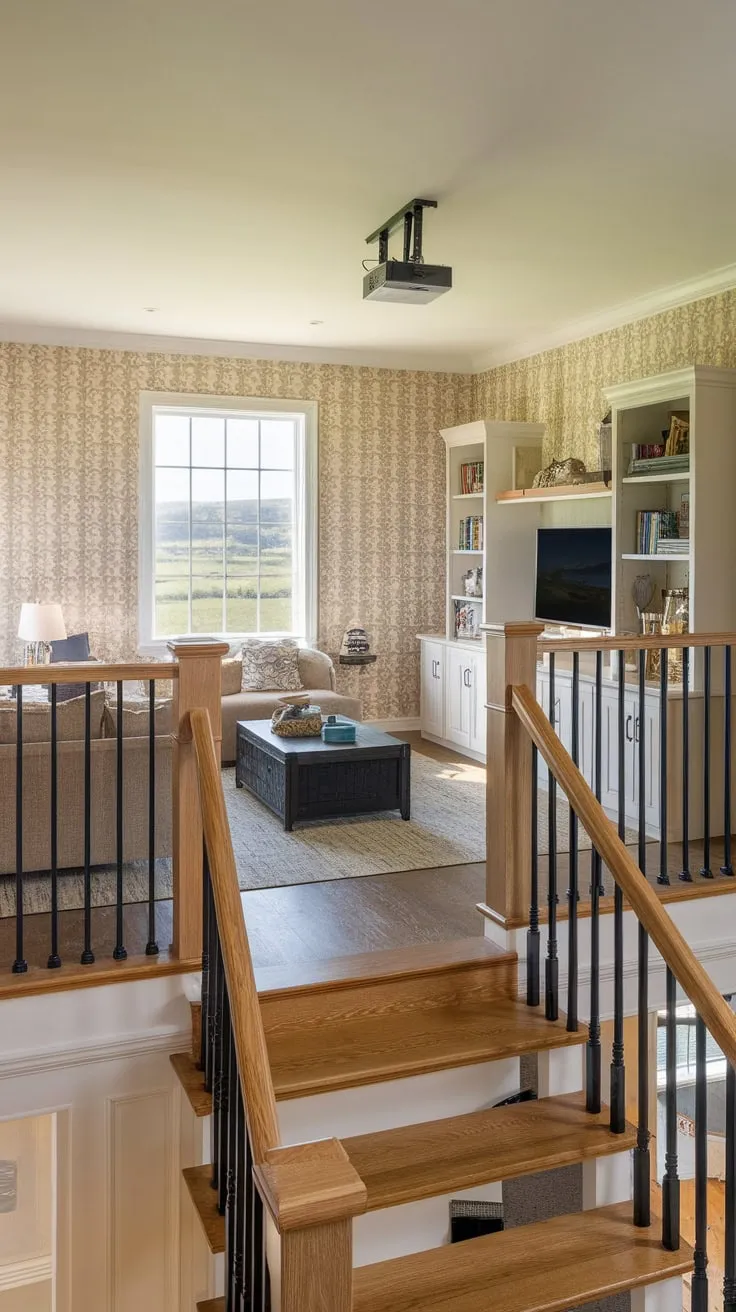 Escape to a tranquil garage loft recreation room featuring a wooden staircase, scenic views, and relaxing amenities.