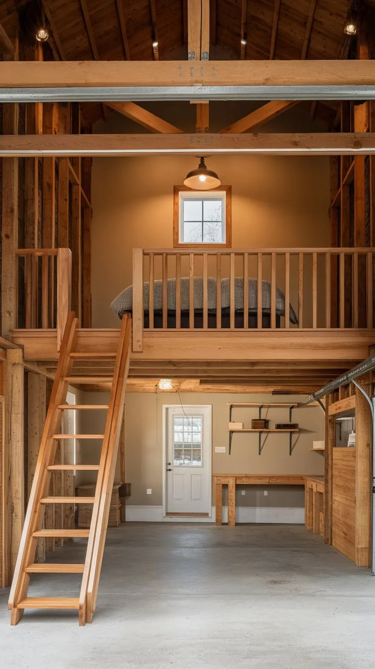 A rustic garage loft, complete with wooden ladder, queen bed, and warm lighting, offers cozy retreat above a functional workshop.