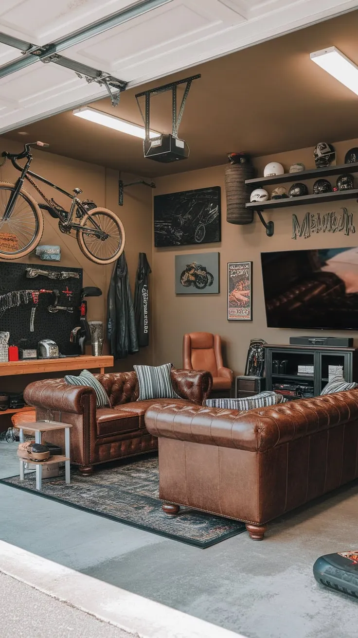 A bright garage man cave boasts a leather sofa, big screen TV, and masculine decor including a workbench, bikes, and artwork, creating the ultimate masculine retreat.