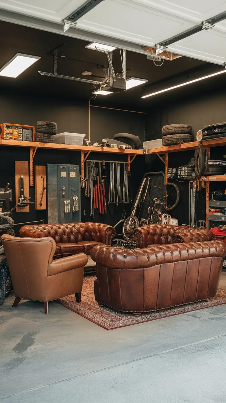 Transform your garage into an ultimate man cave workshop, blending relaxation with automotive and DIY passions.