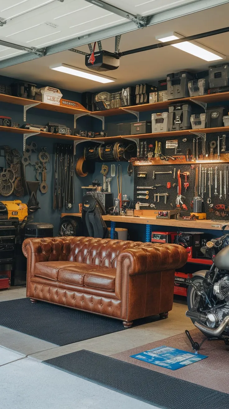 A masculine haven blending functional workshop space with a comfortable leather lounge area, complete with tools, motorcycle, and workbench.