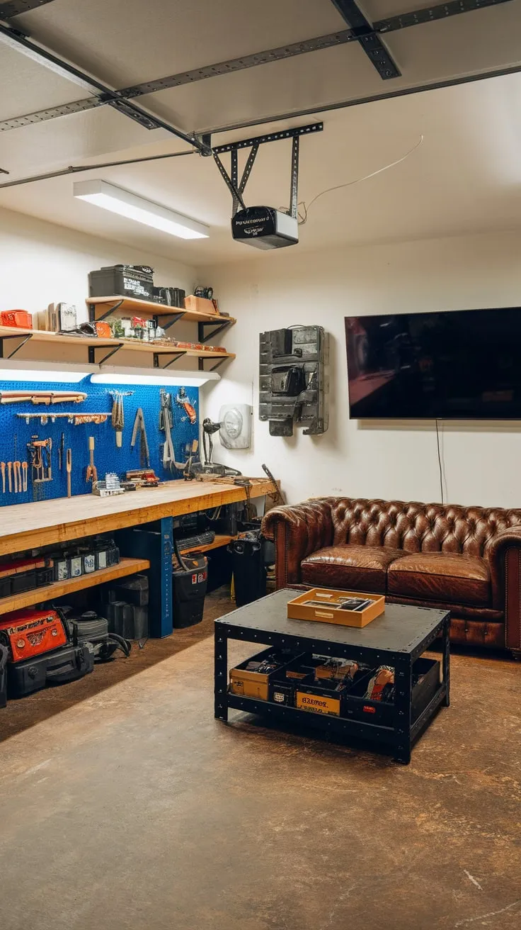 Bright lights illuminate a functional workspace seamlessly blending tools, a leather sofa, and a large screen TV in a masculine retreat.